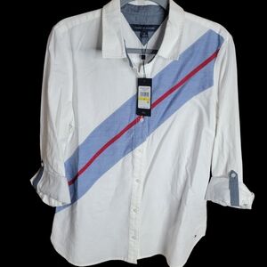 NWT Tommy Hilfinger Catalina White Button-Down Shirt with Blue and Red Stripes